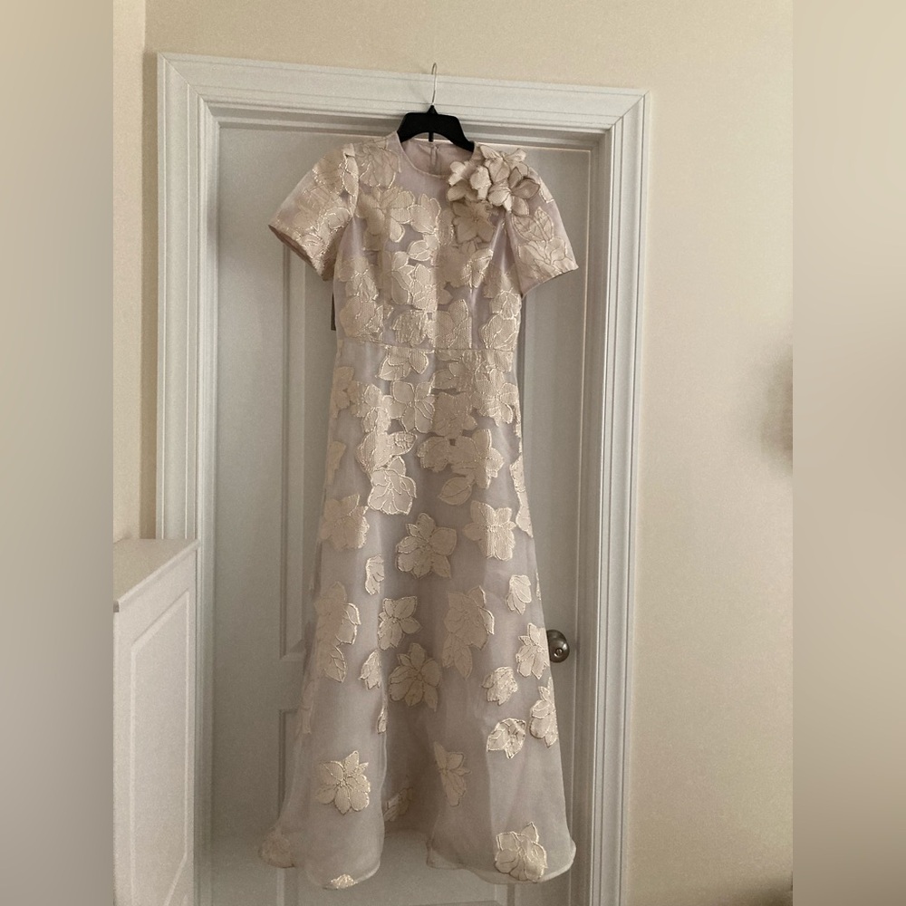 Rickie Freeman for Teri Jon Ivory Floral Maxi Dress with Gold edges size 8 New - Picture 5 of 12